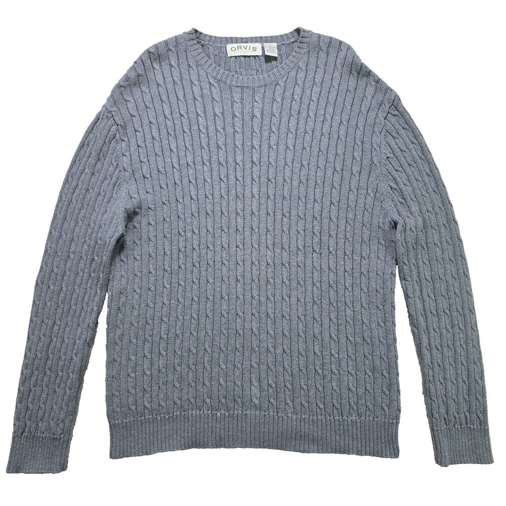 Orvis 100% Cotton Gray Cable Knit Sweater Men's Size Large